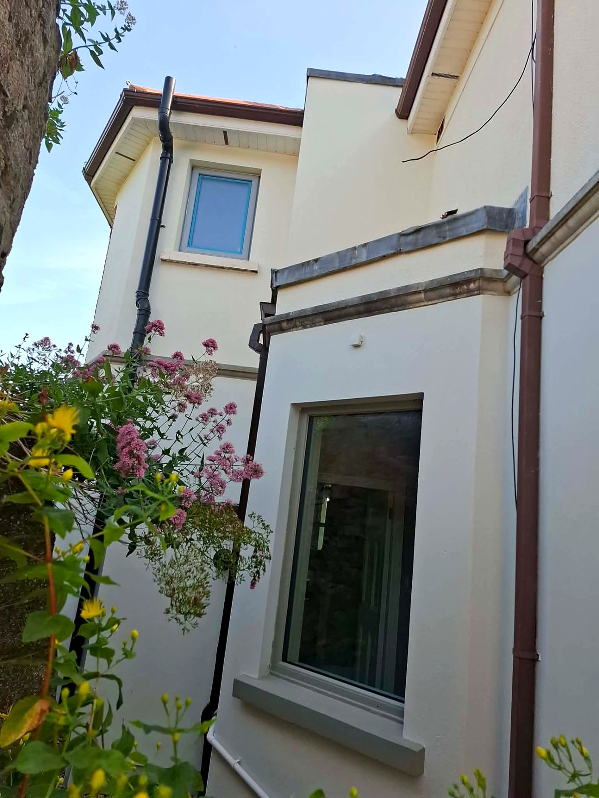 Freshly painted white render, flashing and downpipes on the rear of the house